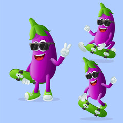 Cute eggplant characters skateboarding
