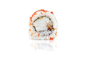Uramaki sushi roll with tobiko roe