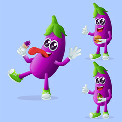 Cute eggplant characters enjoying food