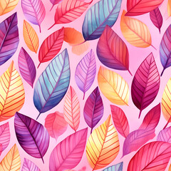 Fototapeta premium Seamless pattern of various leaf and leaves. Watercolor illustration nature background, pink color tone