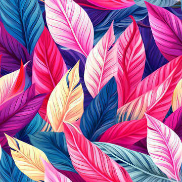 Seamless pattern of various leaf and leaves. Watercolor illustration nature background, pink color tone