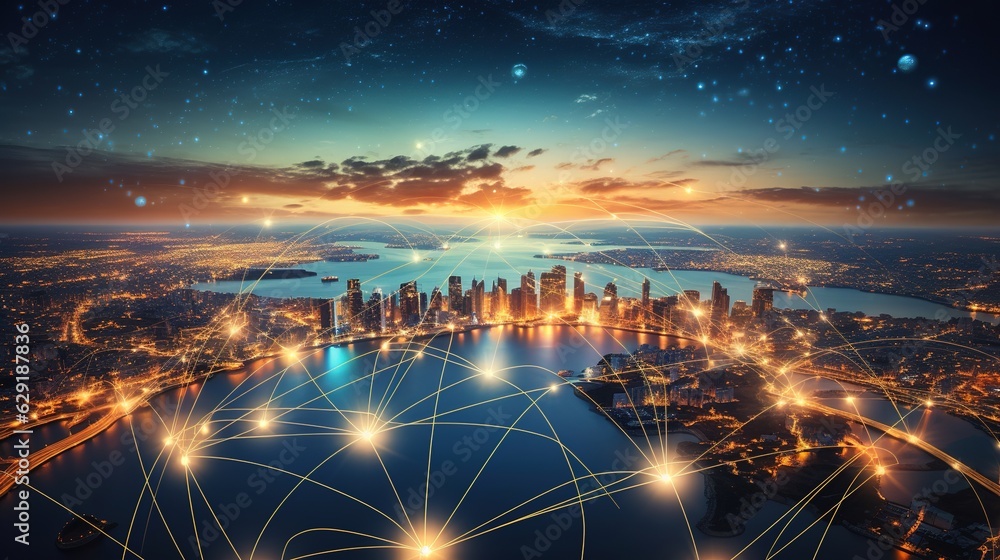 Poster global network connections and data transfers in a circle on a sunset background science, innovation
