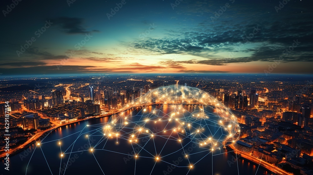 Poster global network connections and data transfers in a circle on a sunset background science, innovation
