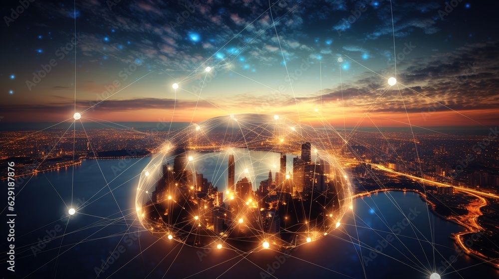 Poster global network connections and data transfers in a circle on a sunset background science, innovation