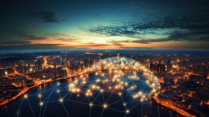 global network connections and data transfers in a circle on a sunset background science, innovation, communication, and technology in business networking, generative ai