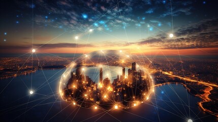Fototapeta premium global network connections and data transfers in a circle on a sunset background science, innovation, communication, and technology in business networking, generative ai
