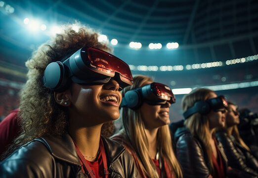 women with virtual reality headsets in a stadium looking through special glasses at a show