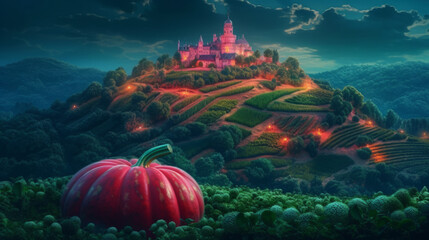 Fairy tale land in the world of halloween castle pumpkin. Content created with AI