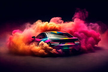 A red sports car emitting colorful smoke. Generative AI
