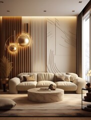 Modern interior of open space with design modular sofa, furniture, wooden coffee tables, plaid, pillows, tropical plants in stylish home decor. Neutral living room 3d render