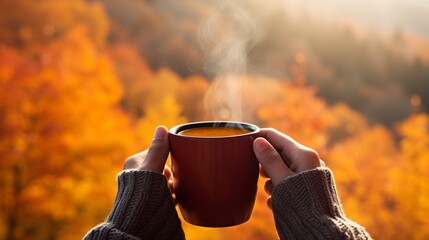 A person's hands holding a mug of steaming hot beverage - obrazy, fototapety, plakaty