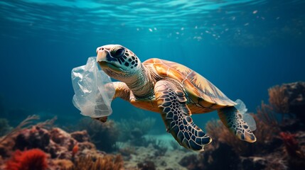A turtle with a plastic bag floating around it, Concept of plastic pollution, Generative AI