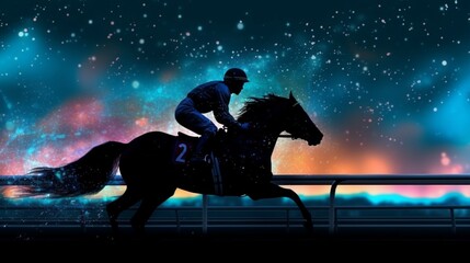 Horse racing at night.Digital illustration of thoroug.Generative AI.