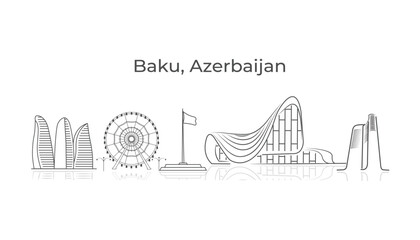 Baku, Azerbaijan line skyline silhouette. Stroke vector illustration. Business travel and tourism concept with modern buildings. Image for banner or website.