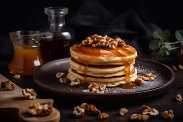 Delicious breakfast pancakes with caramel and walnuts. Generative AI.