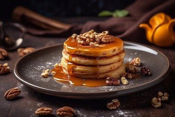 Delicious breakfast pancakes with caramel and walnuts. Generative AI.