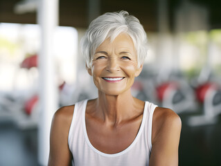 A training program for silver-haired elderly women, radiating vitality and emphasizing exercises to maintain health, beauty, and a youthful spirit, AI generated
