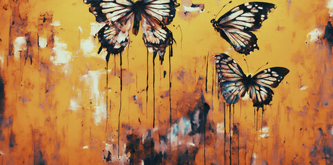 illustrazione a tema naturale astratto, farfalle su sfondo giallo, olio su tavola