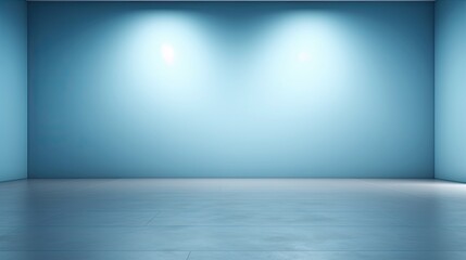 Light blue empty wall and smooth floor with interesting light glare.