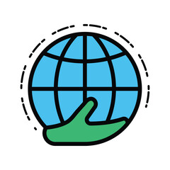 Hand holding the earth line icon. Environmental care symbol. Vector illustration outline flat design style.