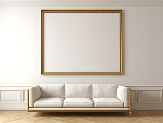 A gold-framed empty picture frame mockup placed on the wall of a living room with a sofa