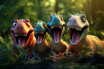 Naklejka premium A heartwarming scene featuring a family of dinosaurs playing together, invoking a sense of joy and bonding in the prehistoric world. Generative AI