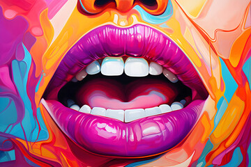 Woman's mouth with colorful lips and a smile in the style of psychedelic pop art created with Generative AI technology