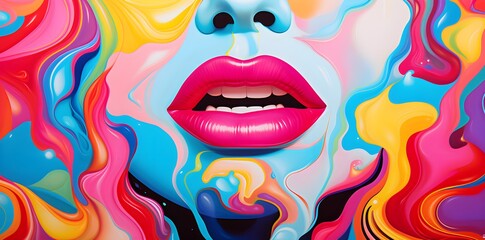 Woman's mouth with colorful lips and a smile in the style of psychedelic pop art created with Generative AI technology - obrazy, fototapety, plakaty