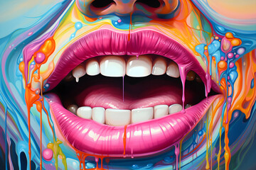 Woman's mouth with colorful lips and a smile in the style of psychedelic pop art created with Generative AI technology