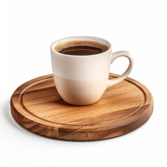 A cup of hot black coffee set on a wooden tray. Hot coffee in the morning.