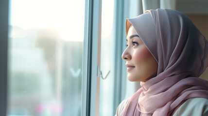 Mature indian woman with pink headscarf look out the window. She is a cancer patient in hospital.