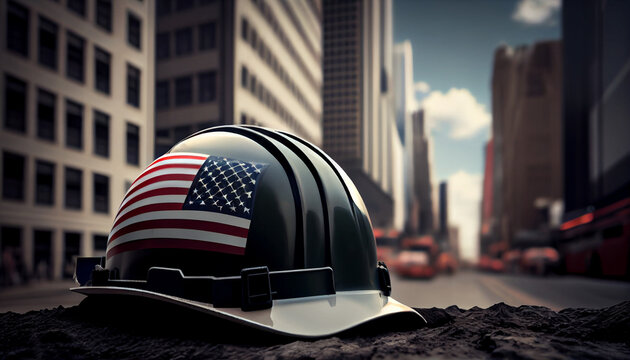 Construction site with safety helmet created with labor day concept and American city and flag, Ai generated image