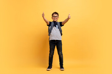 Fototapeta na wymiar Happy kid boy schooler showing thumb ups, isolated on yellow