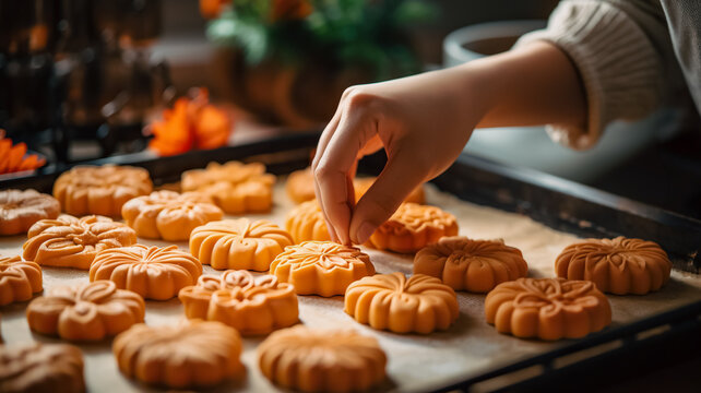 Close-up of a woman hands making pumpkin cookies and decorating them with icing, perfect for fall baking inspiration. Cozy home. Making cookies for Halloween.