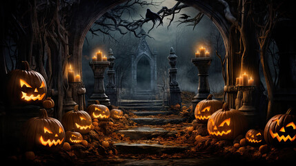 A spooky and atmospheric Halloween background showcasing a misty path leading to an old crypt, with eerie jack-o'-lanterns lighting the way and casting haunting shadows.