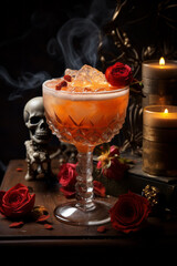 Special Halloween cocktail adorned with a delicate rose flower. Set against a dark and haunting background, the drink is complemented by flickering candles, captivating roses, and skull decorations