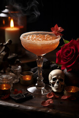 Special Halloween Margherita cocktail. Served against a bewitching dark background, the drink is adorned with captivating flowers, flickering candles, and a miniature human skull