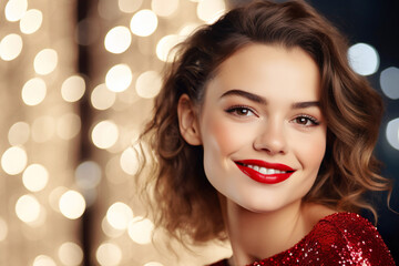 Beautiful smiling woman on Christmas bokeh glitter background. - 629193247