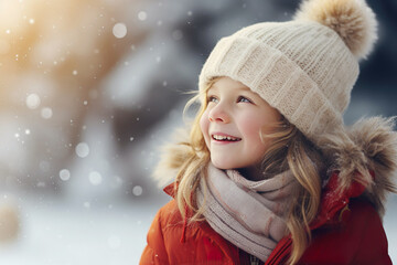 Happy girl enjoying snow in winter.