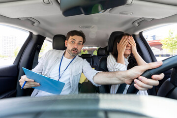 Distressed millennial man auto instructor takes exam in young woman