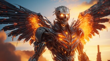 robot with burning wing fire - obrazy, fototapety, plakaty