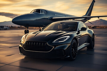 Luxury car and private jet on landing strip. Business class service at the airport. - obrazy, fototapety, plakaty