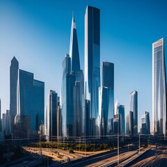 Naklejka premium futuristic building city background City landscape and road in cinematic daylight generative ai illustration art