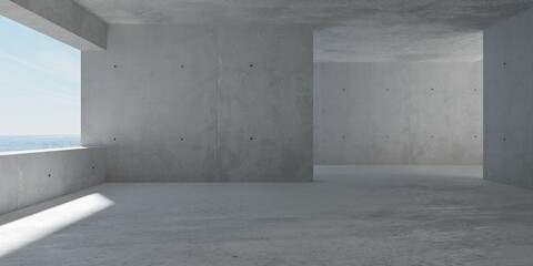 Abstract empty, modern concrete room with balcony opening on the left wall with ocean view, opening on the right and rough floor - industrial interior background template - 629195861