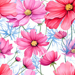 Seamless pattern of beautiful Cosmos flowers. Watercolor illustration nature background, Generative AI