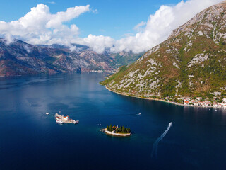 Aerial view of Our Lady of the Rocks or Gospa od Skrpjela and Catholic monastery Saint George in...