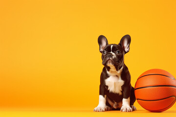 funny french bulldog with a basketball ball on a yellow background. 