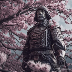 Samurai stands in flowers sakura 