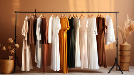 Fashionable women's closet wallpaper. Summer closet, dresses and shirts on hangers. Creative concept of women's clothing showroom, designer dresses store.