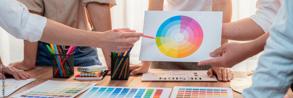 Poster graphic designer brainstorm logo and graphic art at busy creative studio workshop. experiment and br